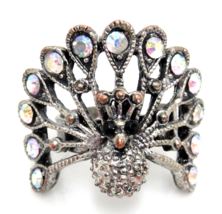 Peacock Adjustable Silver Tone Ring Rhinestones in Fanned Tail Feathers - £15.81 GBP