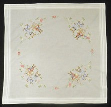 Easter Bunny Rabbits Vintage Small Embroidered Table Cloth German Cotton 30X31&quot; - £42.98 GBP