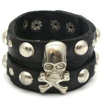 Black Leather Snap Button Bracelet with Metal Crossbones Skull and Rivets - £10.84 GBP