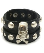 Black Leather Snap Button Bracelet with Metal Crossbones Skull and Rivets - $13.85