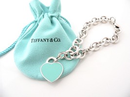 Tiffany &amp; Co Blue Enamel Heart Bracelet Silver Bangle Charm Clasp Gift Pouch Art - £557.95 GBP