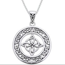 Celtic Good Luck Knot Circle Pendant Necklace 14K White Gold Finish 18&quot; Chain - £77.32 GBP