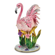 Bejeweled Gold Tone Enameled Pink Flamingo Trinket Box - £77.57 GBP