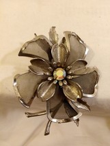 Vintage Silvertone Mesh Flower Brooch/ Pin with Iridescent Rhinestone - $11.88