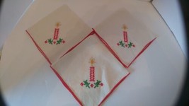 3 Vintage Embroidered Christmas  Napkins Candles 14&quot; x 14&quot; - £5.64 GBP