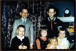 1950s Cute Boys &amp; Girls Posing by Christmas Tree Kodachrome Slide - £2.37 GBP