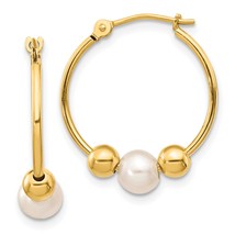 14K Gold Polished Hoop With Freshwater Cultured Pearl Earring Jewerly - £75.13 GBP