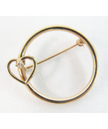Vintage AJ 14KP Solid Yellow Gold Heart Circle Pin With 1/8th Karat Diamond - £158.65 GBP