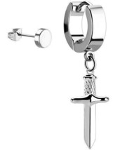 Dagger Sword Huggie Hoop and Plug Stud Silver Tone Stainless Steel Earrings - £11.35 GBP