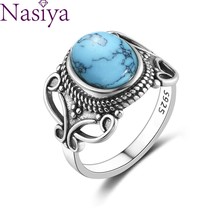 Bohemia Style 8x10MM Oval Natural Turquoise Rings for Women 925 Silver Ring Fine - £13.18 GBP