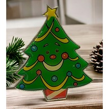 Christmas Tree Pin Vintage Happy Face Brooch Green Enamel Gold Tone NON-... - £9.71 GBP