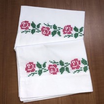 Embroidered Cross Stitch Pillowcases Roses  Set of 2 - £15.51 GBP