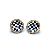 Checkered Mother of Pearl and Diamond Clip Stud Earrings 18K Yellow Gold - £3,810.15 GBP