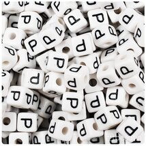 BeadTin White Opaque 10mm Cube Plastic Alphabet Beads- Black Letter P (2... - $2.09