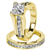 Women&#39;s 14k Yellow Gold Plated Princess Diamond Ladies Wedding Bridal Ring Set - £70.32 GBP