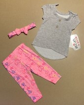 DELIA&#39;S GIRL Baby Girl Blouse, Pants &amp; Headband Pink Hearts 0-3 Months 3 Pcs NEW - £11.98 GBP