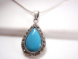 Blue Turquoise Marcasite Pendant 925 Sterling Silver Corona Sun Jewelry - £36.67 GBP