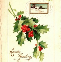 1912 Happy Christmas Embossed Postcard Winter Scene Holly Berries Gold Accents - £10.38 GBP