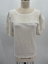 Loft Ann Taylor Lace Trimmed T-Shirt Sz M White Puff Sleeve Cottagecore ... - $19.60