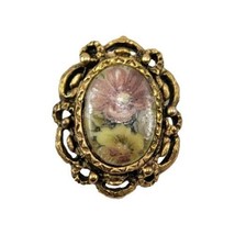 Vintage Gold Tone Enamel Flowers  Pink Yellow Filigree Brooch Pin - $13.30