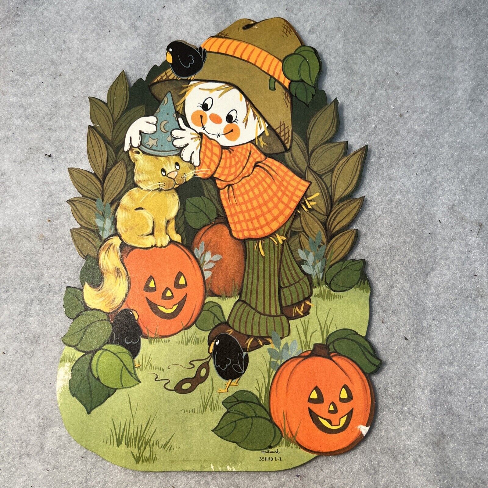 Vtg Halloween Decoration cat scarecrow Pumpkin Hallmark Die Cut Classroom Wall - $9.99