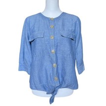 Ann Taylor Linen Blend Tie Waist Button Down Shirt Blouse Blue Size S  - £13.74 GBP