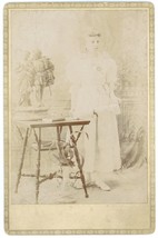 Circa 1880&#39;S Cabinet Card Faded Image Beautiful Young Girl In Studio White Dress - £7.49 GBP