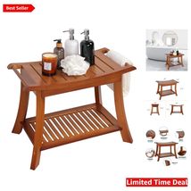 Durable Bamboo Bath Bench with Ergonomic Design &amp; 2-Tier Shelf - Walnut ... - $126.67