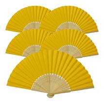 5pcs Golden Yellew Paper Fans Lot of 5 Five Folding Hand Fan Wedding Bamboo NEW - £7.14 GBP