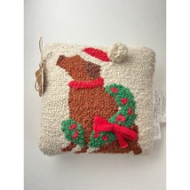 Brown Christmas Dog Wood Square Decorative Pillow Wreath Red Bow 8&quot; Mud Pie - $442.88 MXN
