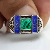 Élégante bague cadeau de Noël homme en malachite et lapis-lazuli en argent... - £104.23 GBP