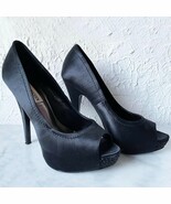 Steve Madden Feelixx Black Satin Rhinestones Peep Toe Platform Pumps Hee... - $53.37 CAD