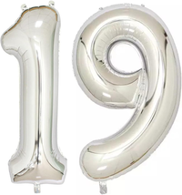 40Inch Silver Foil 19 Helium Jumbo Digital Number Balloons, 19Th Birthda... - $18.08