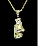 Boxing Gloves Pendant Necklace 14k Gold Plated Men 24&quot; Round Rope Chain - £7.43 GBP