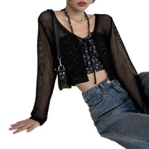 Women V-Neck -Up Front Long Sleeve Cardigan Crop Top  Out See Through Fishnet  S - £62.37 GBP
