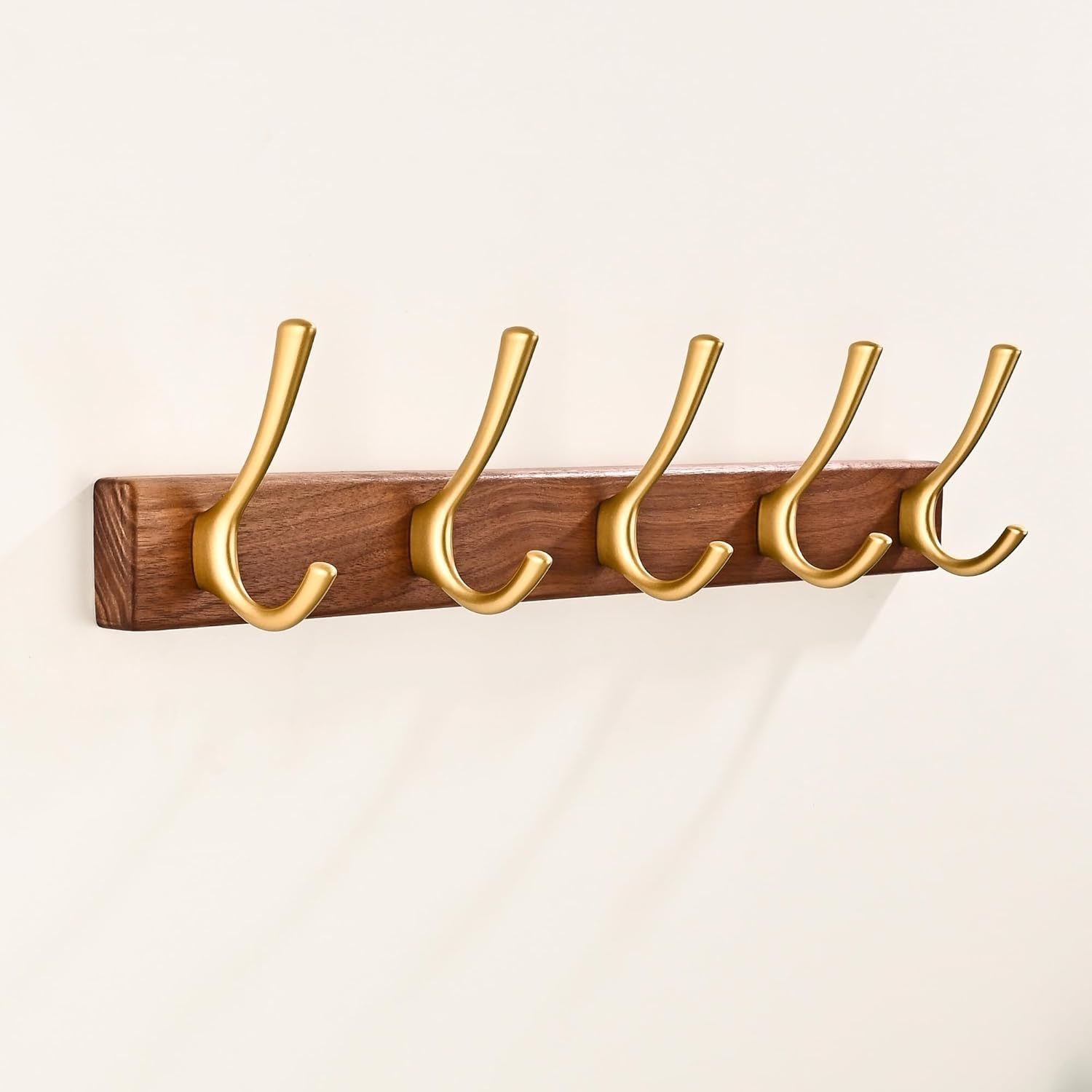 17.3&quot; Small Walnut Wood Coat Rack Wall Mount With 5 Hooks, Heavy Duty Wo... - $34.94