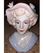 Vintage Porcelain Lady Head Vase Blue Dress w/Pink Hat &amp; Flowers 5&quot; - $34.64