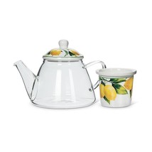 Lemon Tree Teapot 24 oz with Lid and Strainer 3 pc Set Ceramic and Clear Glass image 2