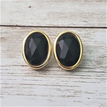 Vintage Clip On Earrings Black Faceted Oval Gem with Gold Tone Halo - $14.99