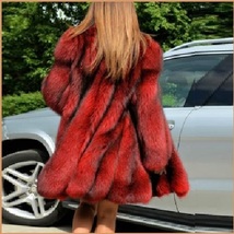  Red Hair Fox long Sleeve Dyed Faux Fur Full Knee Length Hip Coat Jacket