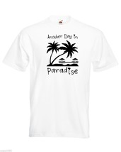 Mens T-Shirt Sunset Beach Palms &amp; Bungalows, Quote Another Day Paradise Shirts - £19.77 GBP