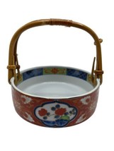 Vintage Takahashi Wood Handled Bowl Dish Japan Asian Ceramic Red Blue Fl... - $40.00