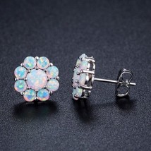 3CT Round Cut Simulated Opal Floral Push Back Stud Earring 14k White Gold Plated - £77.92 GBP