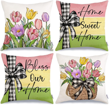 Spring Pillow Covers 18X18 Inch Set of 4, Floral Tulips Striped Bow Home Sweet H - £22.98 GBP
