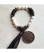 Pearl and Wood Bracelet with Coin and Tassel - £36.17 GBP