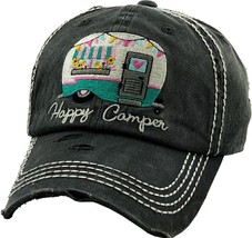 Happy Camper Vintage Distressed Adjustable Black Women&#39;s Baseball Hat - £16.47 GBP