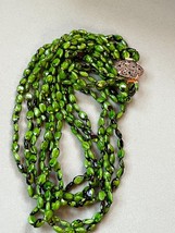Vintage Multistrand Green &amp; Plastic Oval Bead Necklace w Ornate Goldtone Clasp – - £9.74 GBP