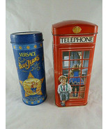 VERSACE BLUE JEANS TIN BOX EMPTY + Churchill&#39;s Telephone Booth tin bank ... - $27.12 CAD