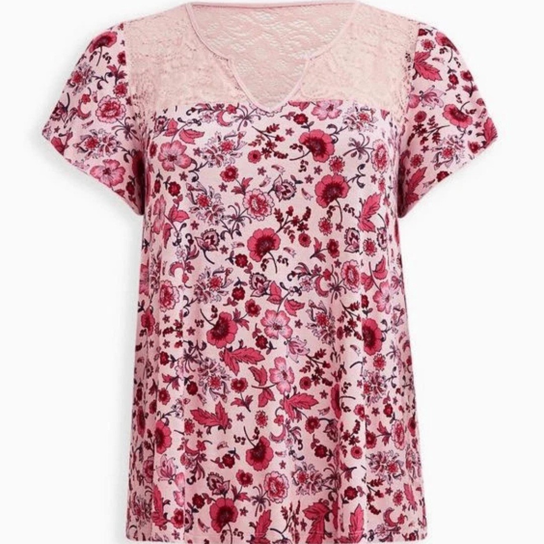 Torrid Floral Knit Jersey Slub Lace Yoke Flutter Sleeve Top Plus Size 1X 14-16  Item image 2