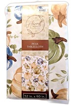Pumpkin Harvest Vinyl Tablecloth 52 x 90-in Beige Blue Autumn Leaves Fal... - $18.97